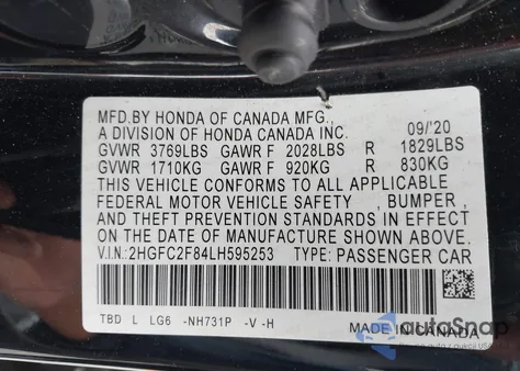 2020 Honda Civic Sport z USA, uszkodzony, nr VIN 2HGFC2F84LH595253